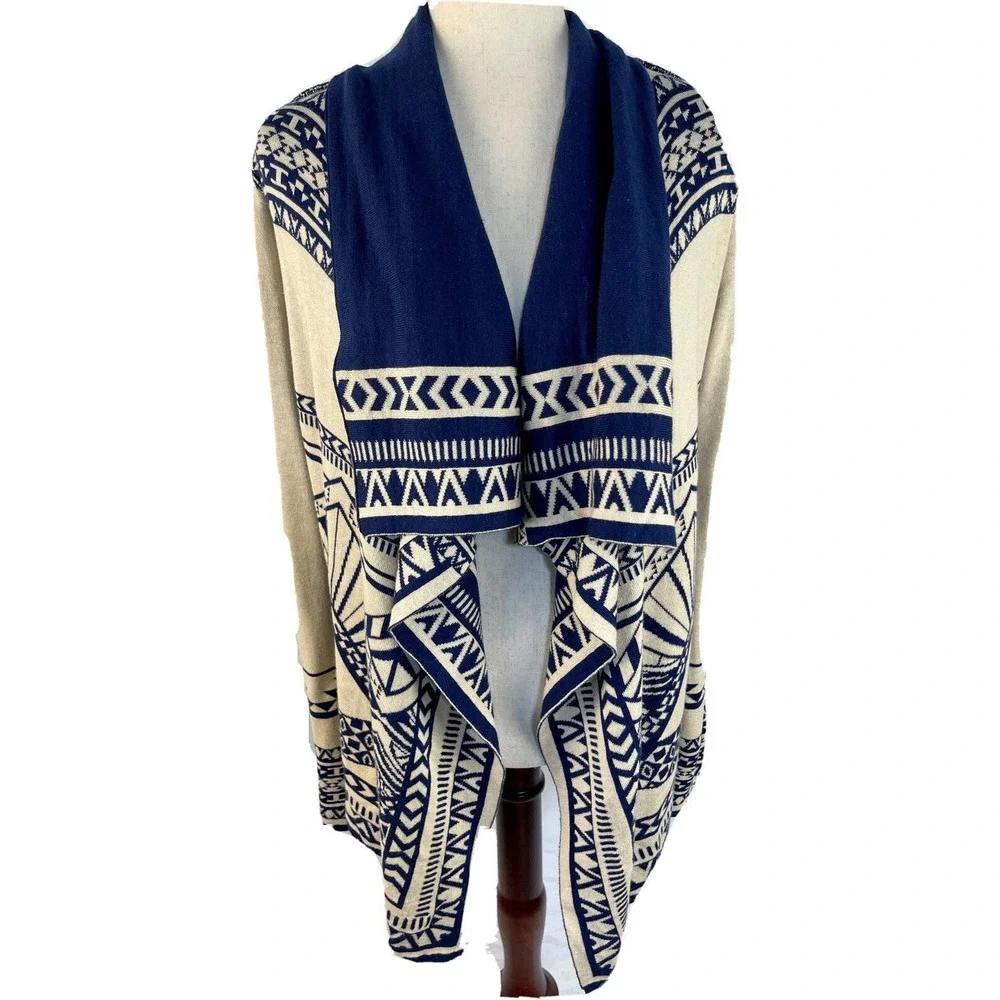 Flying Tomato Aztec Indian Navajo Reversible Cardigan Navy & Cream Big Size S - Picture 7 of 13